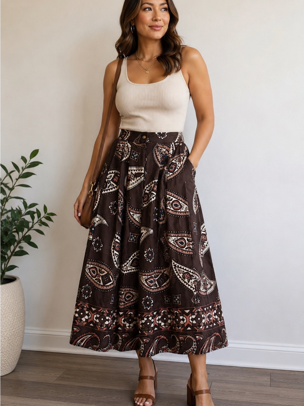 Vintage Alexon Button-Front Brown Paisley Maxi Skirt